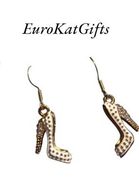 Elegant Gold and White High Heel Earrings NEW Handcrafted on Earwires